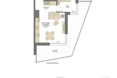 Rzut - Mieszkanie na sprzedaż 2 pokoje o powierzchni 42,67 m² - numer T28 w Trend