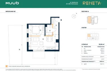 Rzut - Mieszkanie na sprzedaż 2 pokoje o powierzchni 38,76 m² - numer M02 w Reneta