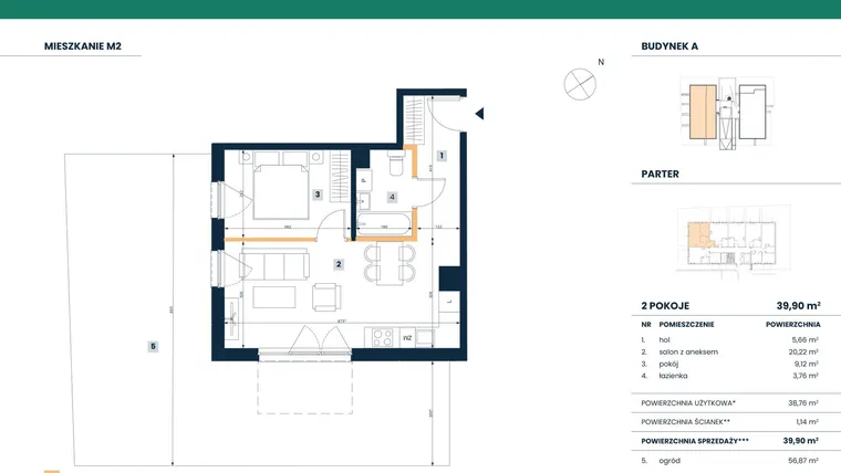 Rzut - Mieszkanie na sprzedaż 2 pokoje o powierzchni 38,76 m² - numer M02 w Reneta
