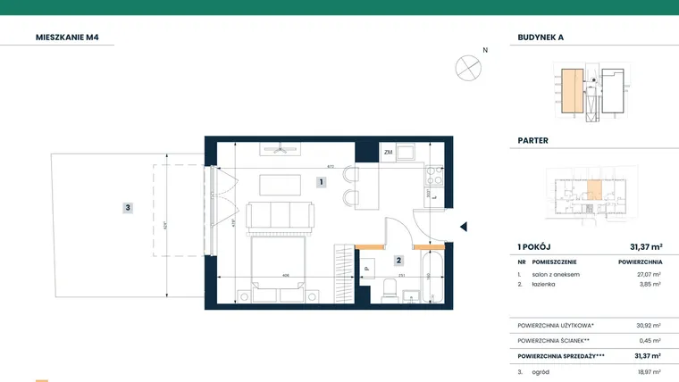 Rzut - Mieszkanie na sprzedaż 1 pokój o powierzchni 30,92 m² - numer M04 w Reneta