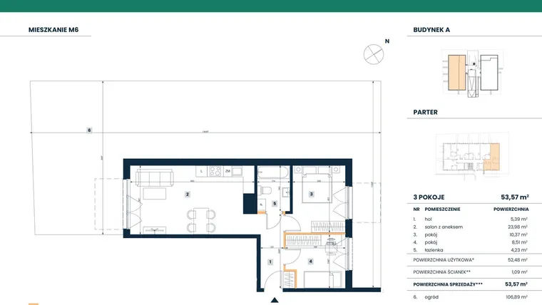 Rzut - Mieszkanie na sprzedaż 3 pokoje o powierzchni 52,48 m² - numer M06 w Reneta