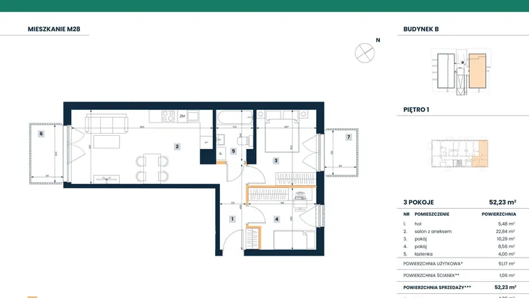 Rzut - Mieszkanie na sprzedaż 3 pokoje o powierzchni 51,17 m² - numer M28 w Reneta
