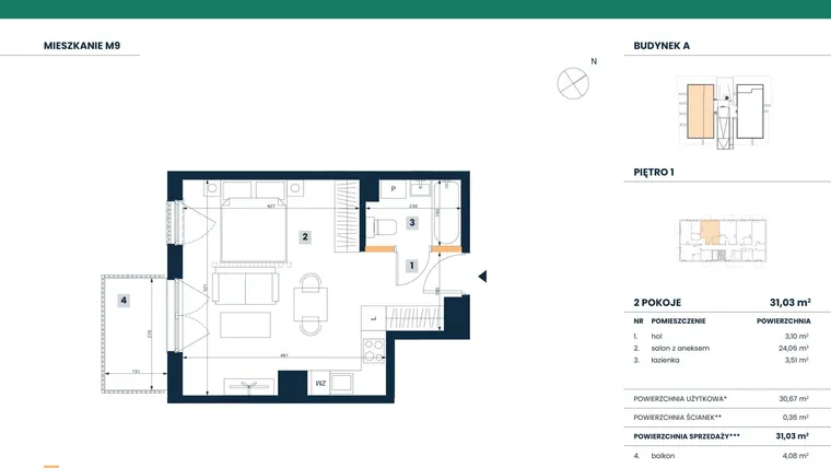 Rzut - Mieszkanie na sprzedaż 2 pokoje o powierzchni 30,67 m² - numer M09 w Reneta