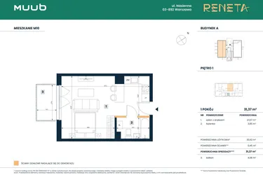 Rzut - Mieszkanie na sprzedaż 1 pokój o powierzchni 30,92 m² - numer M10 w Reneta