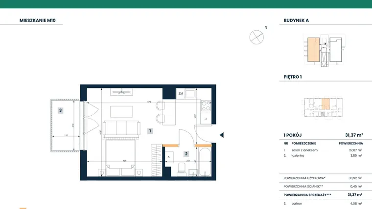 Rzut - Mieszkanie na sprzedaż 1 pokój o powierzchni 30,92 m² - numer M10 w Reneta