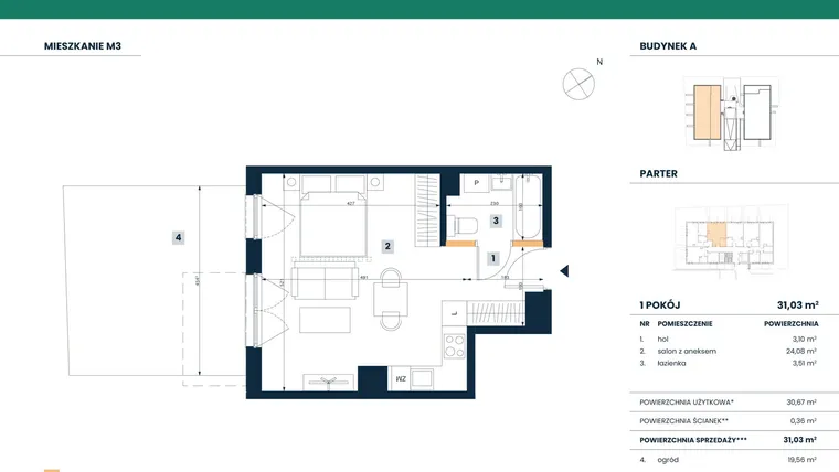 Rzut - Mieszkanie na sprzedaż 2 pokoje o powierzchni 30,67 m² - numer M03 w Reneta