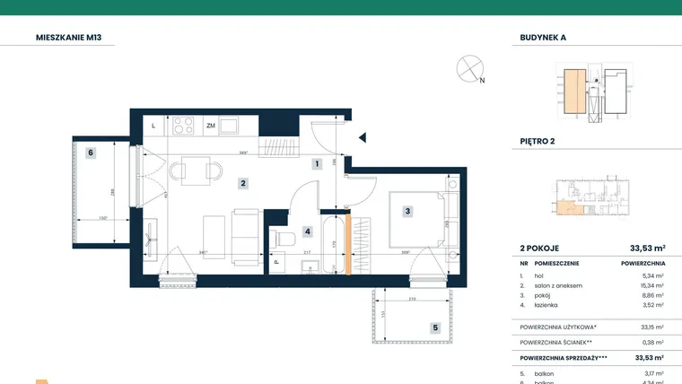 Rzut - Mieszkanie na sprzedaż 2 pokoje o powierzchni 33,15 m² - numer M13 w Reneta