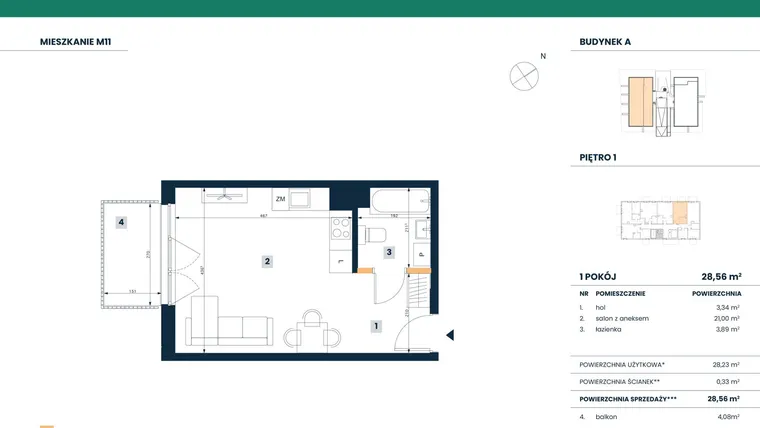 Rzut - Mieszkanie na sprzedaż 1 pokój o powierzchni 28,23 m² - numer M11 w Reneta