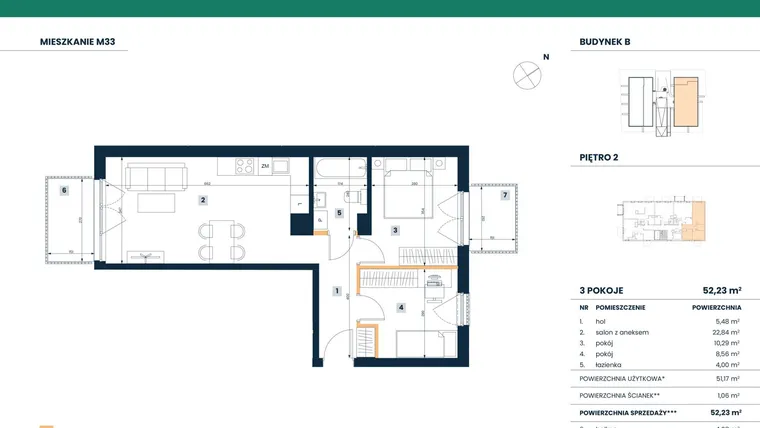 Rzut - Mieszkanie na sprzedaż 3 pokoje o powierzchni 51,17 m² - numer M33 w Reneta