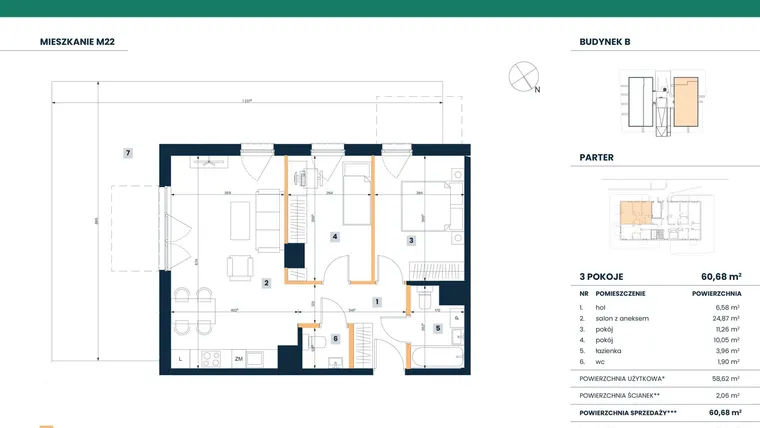 Rzut - Mieszkanie na sprzedaż 3 pokoje o powierzchni 58,62 m² - numer M22 w Reneta