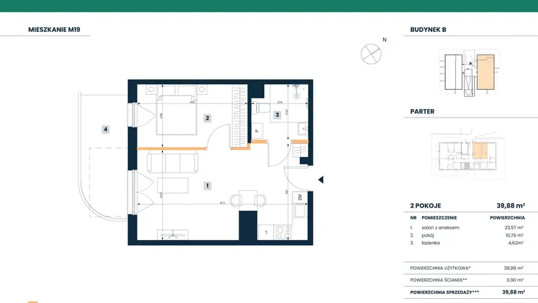 Rzut - Mieszkanie na sprzedaż 2 pokoje o powierzchni 38,98 m² - numer M19 w Reneta