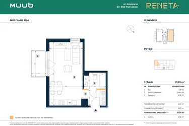 Rzut - Mieszkanie na sprzedaż 1 pokój o powierzchni 31,01 m² - numer M24 w Reneta