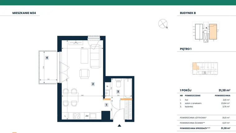 Rzut - Mieszkanie na sprzedaż 1 pokój o powierzchni 31,01 m² - numer M24 w Reneta