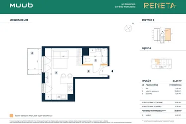 Rzut - Mieszkanie na sprzedaż 1 pokój o powierzchni 26,81 m² - numer M25 w Reneta