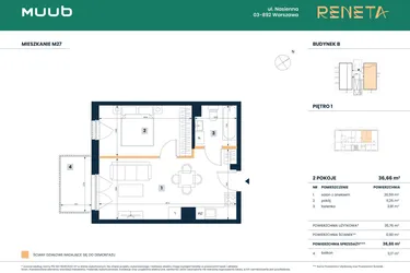 Rzut - Mieszkanie na sprzedaż 2 pokoje o powierzchni 35,76 m² - numer M27 w Reneta