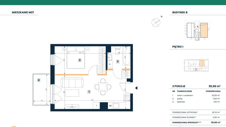 Rzut - Mieszkanie na sprzedaż 2 pokoje o powierzchni 35,76 m² - numer M27 w Reneta