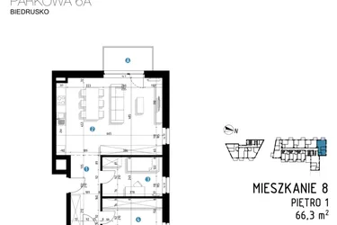 Rzut - Mieszkanie na sprzedaż 3 pokoje o powierzchni 66,3 m² - numer 6A.8 w Parkowa 6AC - ETAP III