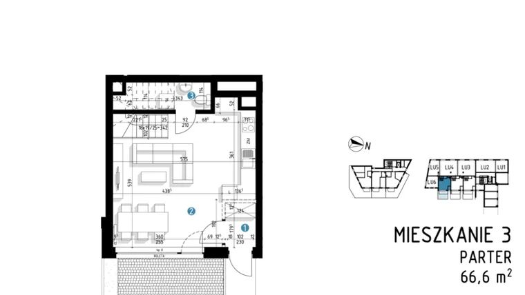 Rzut - Mieszkanie na sprzedaż 3 pokoje o powierzchni 66,6 m² - numer 6A.3 w Parkowa 6AC - ETAP III