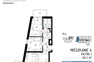Rzut - Mieszkanie na sprzedaż 3 pokoje o powierzchni 62,4 m² - numer 6A.4 w Parkowa 6AC - ETAP III