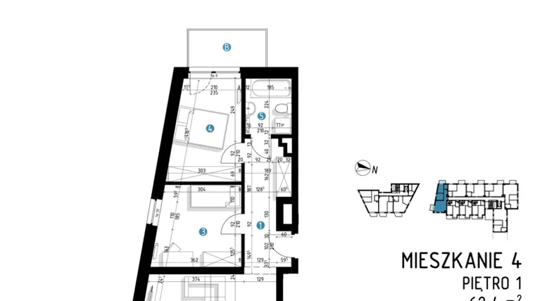 Rzut - Mieszkanie na sprzedaż 3 pokoje o powierzchni 62,4 m² - numer 6A.4 w Parkowa 6AC - ETAP III