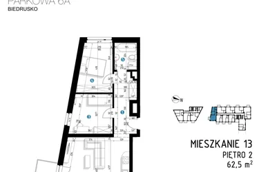 Rzut - Mieszkanie na sprzedaż 3 pokoje o powierzchni 62,5 m² - numer 6A.13 w Parkowa 6AC - ETAP III