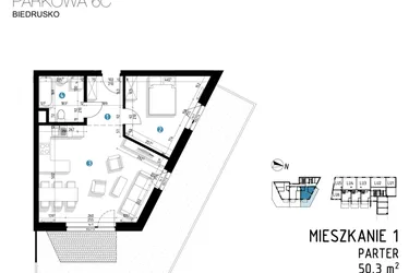 Rzut - Mieszkanie na sprzedaż 2 pokoje o powierzchni 50,3 m² - numer 6C.1 w Parkowa 6AC - ETAP III