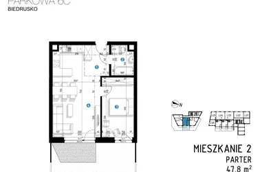 Rzut - Mieszkanie na sprzedaż 2 pokoje o powierzchni 47,8 m² - numer 6C.2 w Parkowa 6AC - ETAP III