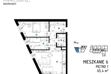 Rzut - Mieszkanie na sprzedaż 3 pokoje o powierzchni 65,4 m² - numer 6C.6 w Parkowa 6AC - ETAP III