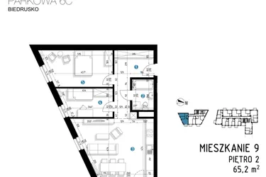 Rzut - Mieszkanie na sprzedaż 3 pokoje o powierzchni 65,2 m² - numer 6C.9 w Parkowa 6AC - ETAP III