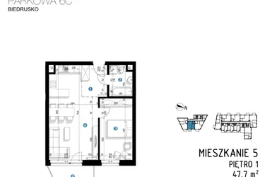 Rzut - Mieszkanie na sprzedaż 2 pokoje o powierzchni 47,7 m² - numer 6C.5 w Parkowa 6AC - ETAP III