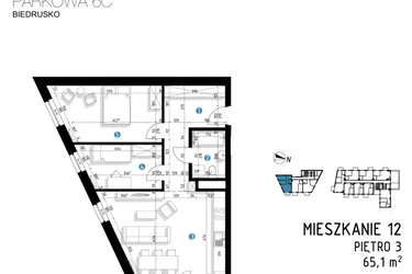 Rzut - Mieszkanie na sprzedaż 3 pokoje o powierzchni 65,1 m² - numer 6C.12 w Parkowa 6AC - ETAP III