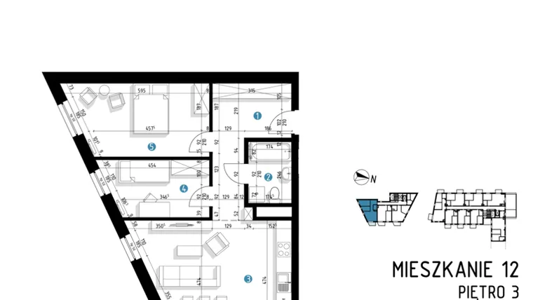 Rzut - Mieszkanie na sprzedaż 3 pokoje o powierzchni 65,1 m² - numer 6C.12 w Parkowa 6AC - ETAP III