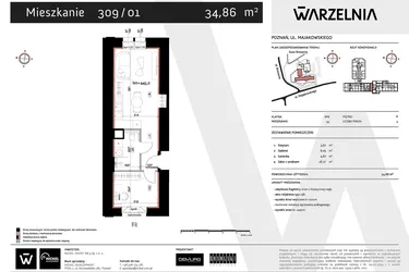 Rzut - Mieszkanie na sprzedaż 2 pokoje o powierzchni 34,86 m² - numer 309/01 w Warzelnia II