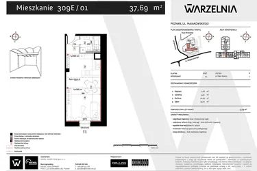 Rzut - Mieszkanie na sprzedaż 1 pokój o powierzchni 37,69 m² - numer 309E/01 w Warzelnia II