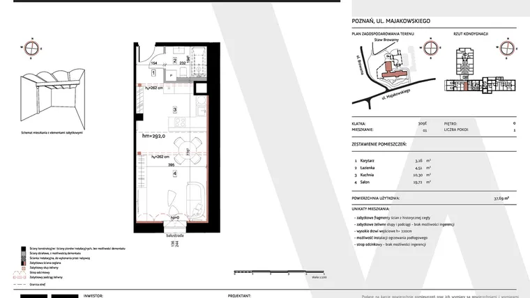 Rzut - Mieszkanie na sprzedaż 1 pokój o powierzchni 37,69 m² - numer 309E/01 w Warzelnia II