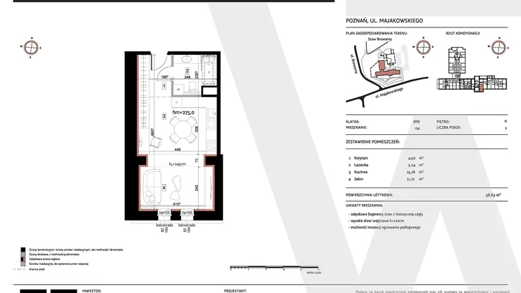 Rzut - Mieszkanie na sprzedaż 1 pokój o powierzchni 36,63 m² - numer 309/04 w Warzelnia II