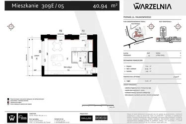 Rzut - Mieszkanie na sprzedaż 1 pokój o powierzchni 40,94 m² - numer 309E/05 w WARZELNIA