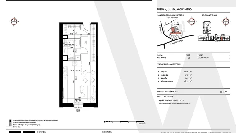 Rzut - Mieszkanie na sprzedaż 1 pokój o powierzchni 39,47 m² - numer 309B/06 w Warzelnia II