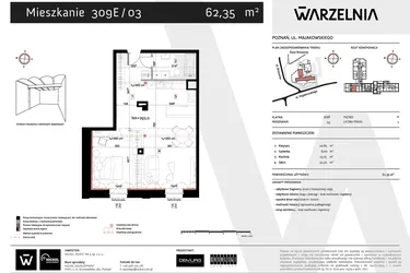 Rzut - Mieszkanie na sprzedaż 1 pokój o powierzchni 62,35 m² - numer 309E/03 w Warzelnia II