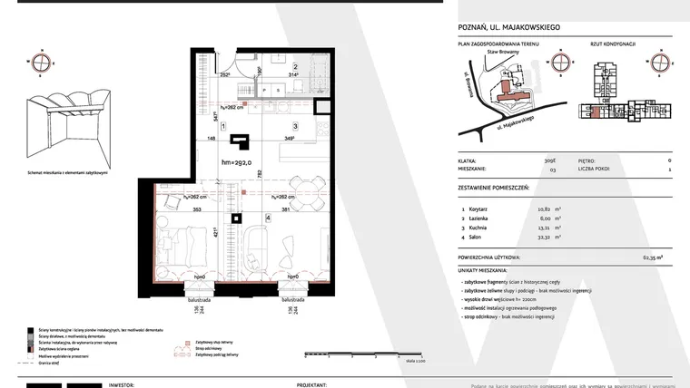 Rzut - Mieszkanie na sprzedaż 1 pokój o powierzchni 62,35 m² - numer 309E/03 w Warzelnia II