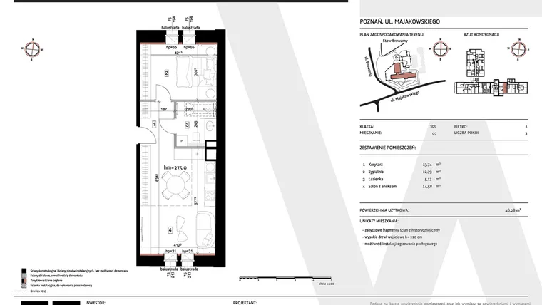 Rzut - Mieszkanie na sprzedaż 2 pokoje o powierzchni 46,28 m² - numer 309/07 w WARZELNIA