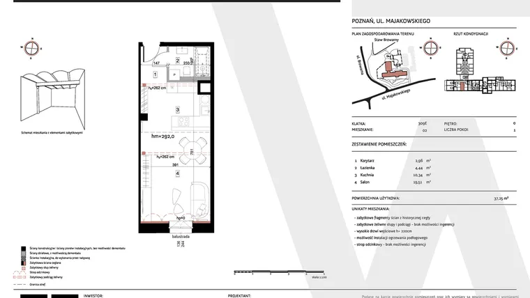 Rzut - Mieszkanie na sprzedaż 1 pokój o powierzchni 37,25 m² - numer 309E/02 w Warzelnia II