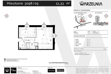 Rzut - Mieszkanie na sprzedaż 2 pokoje o powierzchni 51,33 m² - numer 309B/09 w WARZELNIA