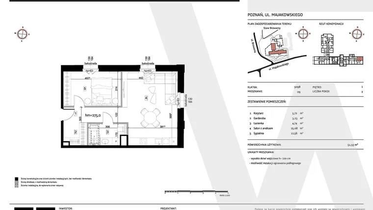 Rzut - Mieszkanie na sprzedaż 2 pokoje o powierzchni 51,33 m² - numer 309B/09 w WARZELNIA