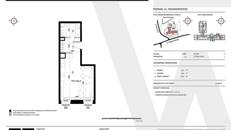 Rzut - Mieszkanie na sprzedaż 1 pokój o powierzchni 31,78 m² - numer 309B/13 w Warzelnia II