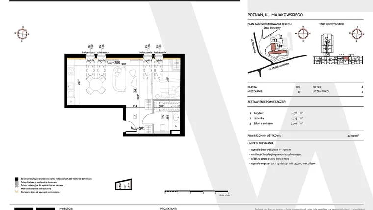 Rzut - Mieszkanie na sprzedaż 1 pokój o powierzchni 42 m² - numer 309/17 w Warzelnia II