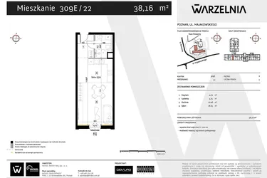 Rzut - Mieszkanie na sprzedaż 1 pokój o powierzchni 38,16 m² - numer 309E/22 w Warzelnia II