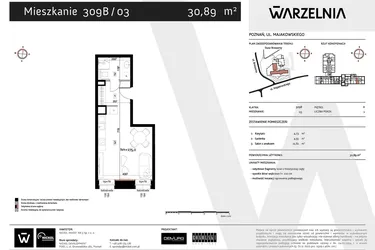 Rzut - Mieszkanie na sprzedaż 1 pokój o powierzchni 30,89 m² - numer 309B/03 w Warzelnia II