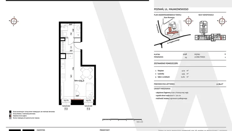 Rzut - Mieszkanie na sprzedaż 1 pokój o powierzchni 30,89 m² - numer 309B/03 w Warzelnia II