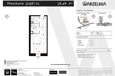 Rzut - Mieszkanie na sprzedaż 1 pokój o powierzchni 38,48 m² - numer 309B/01 w Warzelnia II